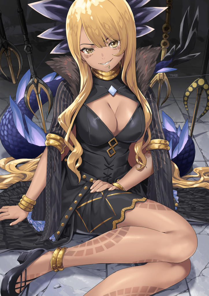 1girl anklet armlet bangs black_dress blonde_hair bracelet breasts brown_eyes dragon_girl dragon_horns dragon_tail dress facial_mark fate/grand_order fate_(series) green_ribbon grin horns jewelry large_breasts long_hair long_sleeves looking_at_viewer neck_ribbon neck_ring polearm ribbon smile spear swept_bangs tail tyone veil vritra_(fate) weapon