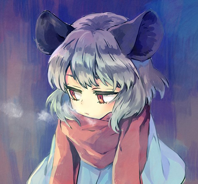 1girl animal_ears bangs blue_capelet breath capelet commentary_request grey_hair mouse_ears mouse_girl nazrin red_scarf scarf short_hair sideways_glance solo tomobe_kinuko touhou upper_body