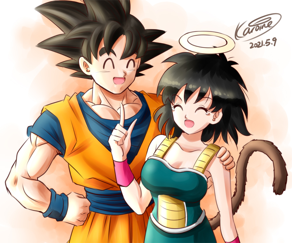 1boy 1girl armband bare_shoulders black_hair breasts closed_eyes commentary dated dougi dragon_ball gine halo hands_on_hips karoine medium_breasts mother's_day muscular muscular_male open_mouth saiyan_armor signature son_goku spiky_hair tail tears