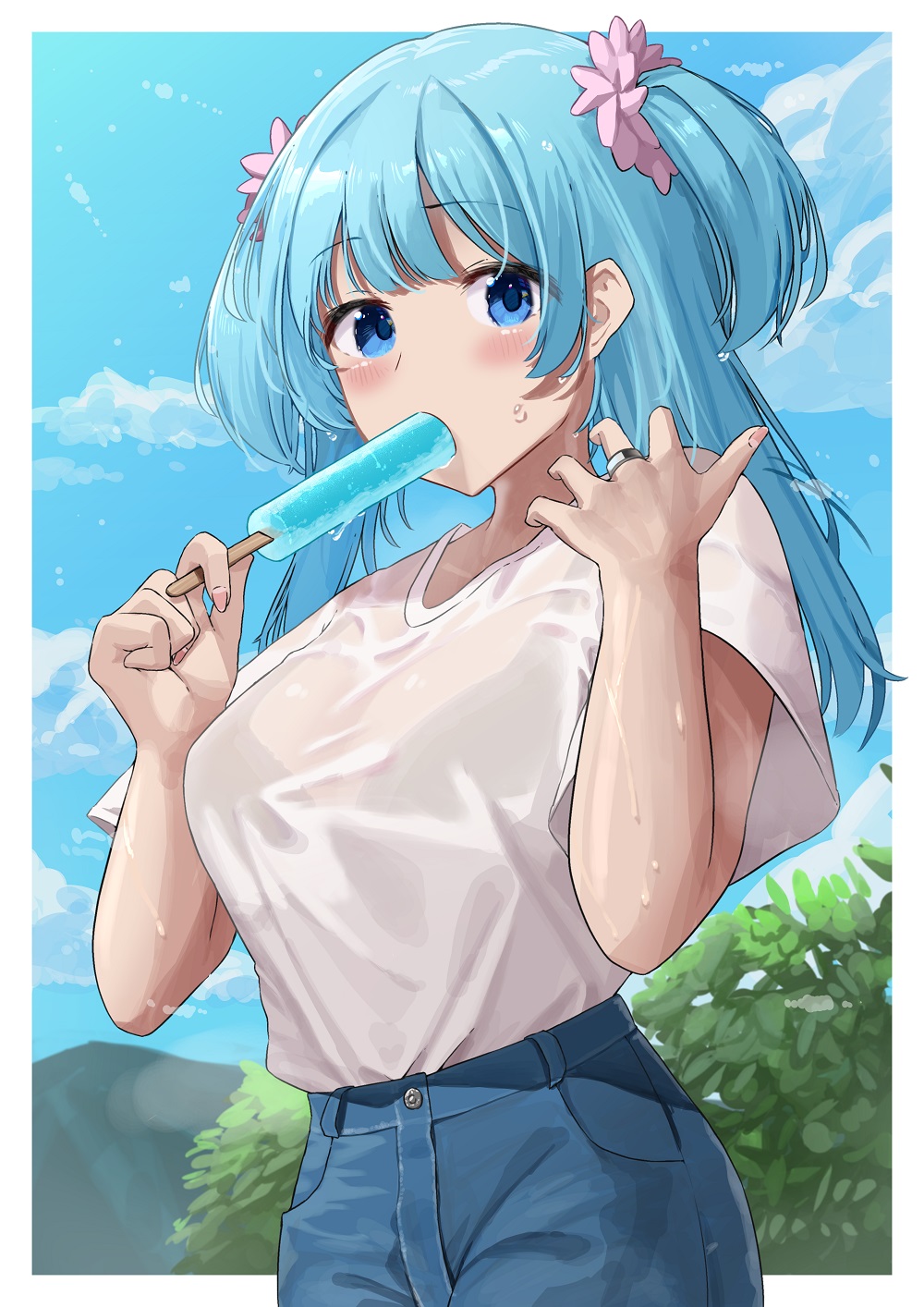 1girl aqua_hair bangs blue_eyes blue_shorts blue_sky blush border bra_through_clothes buttons clouds collarbone denim denim_shorts droplet eyebrows_visible_through_hair food food_in_mouth hands_up highres holding holding_food jewelry leaf long_hair looking_at_viewer magia_record:_mahou_shoujo_madoka_magica_gaiden mahou_shoujo_madoka_magica minami_rena noeru outdoors pink_scrunchie popsicle popsicle_stick ring scrunchie see-through shirt shirt_tucked_in short_sleeves short_twintails shorts sky solo sucking sweat sweatdrop twintails wet white_border white_shirt