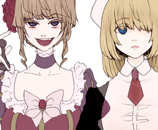 1girl beatrice_(umineko) beret blonde_hair blue_eyes bow braid braided_bun chess_piece choker collarbone collared_shirt dark_persona dress flower frilled_choker frilled_dress frills hair_flower hair_ornament hat juliet_sleeves long_sleeves maid necktie puffy_sleeves shirt spoilers tukijirou960 umineko_no_naku_koro_ni yasu_(umineko)