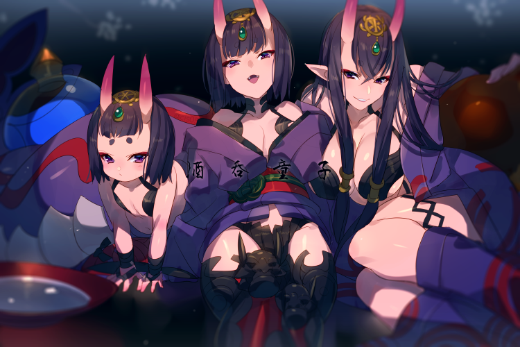 3girls age_comparison bangs bare_shoulders blush bob_cut breasts cis05 collarbone eyeliner fate/grand_order fate_(series) headpiece horns japanese_clothes kimono large_breasts long_hair long_sleeves looking_at_viewer makeup multiple_girls multiple_persona older oni oni_horns purple_hair purple_kimono revealing_clothes short_hair shuten_douji_(fate/grand_order) sitting skin-covered_horns small_breasts smile violet_eyes wide_sleeves younger