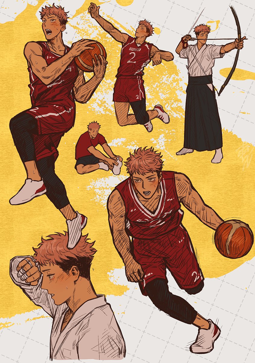 1boy alternate_costume archery bare_shoulders basketball basketball_jersey basketball_uniform blush bow_(weapon) brown_eyes brown_hair casual collage grmms_otk highres itadori_yuuji jujutsu_kaisen jumping male_focus multicolored_hair multiple_views pink_hair shoes short_hair sleeveless sneakers spiky_hair sportswear toned toned_male two-tone_hair undercut weapon