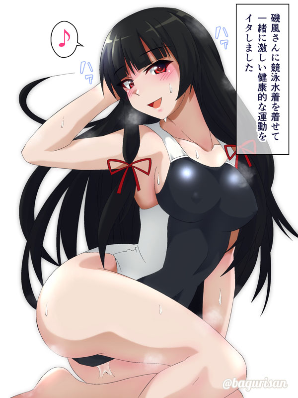 1girl akichin_(atelier_baguri) alternate_costume black_hair black_swimsuit blush breath collarbone competition_swimsuit covered_navel covered_nipples eyebrows_visible_through_hair hair_ribbon isokaze_(kantai_collection) kantai_collection long_hair looking_at_viewer music musical_note one-piece_swimsuit open_mouth red_eyes ribbon simple_background singing sitting smile solo spoken_musical_note sweat sweatdrop swimsuit tress_ribbon twitter_username white_background