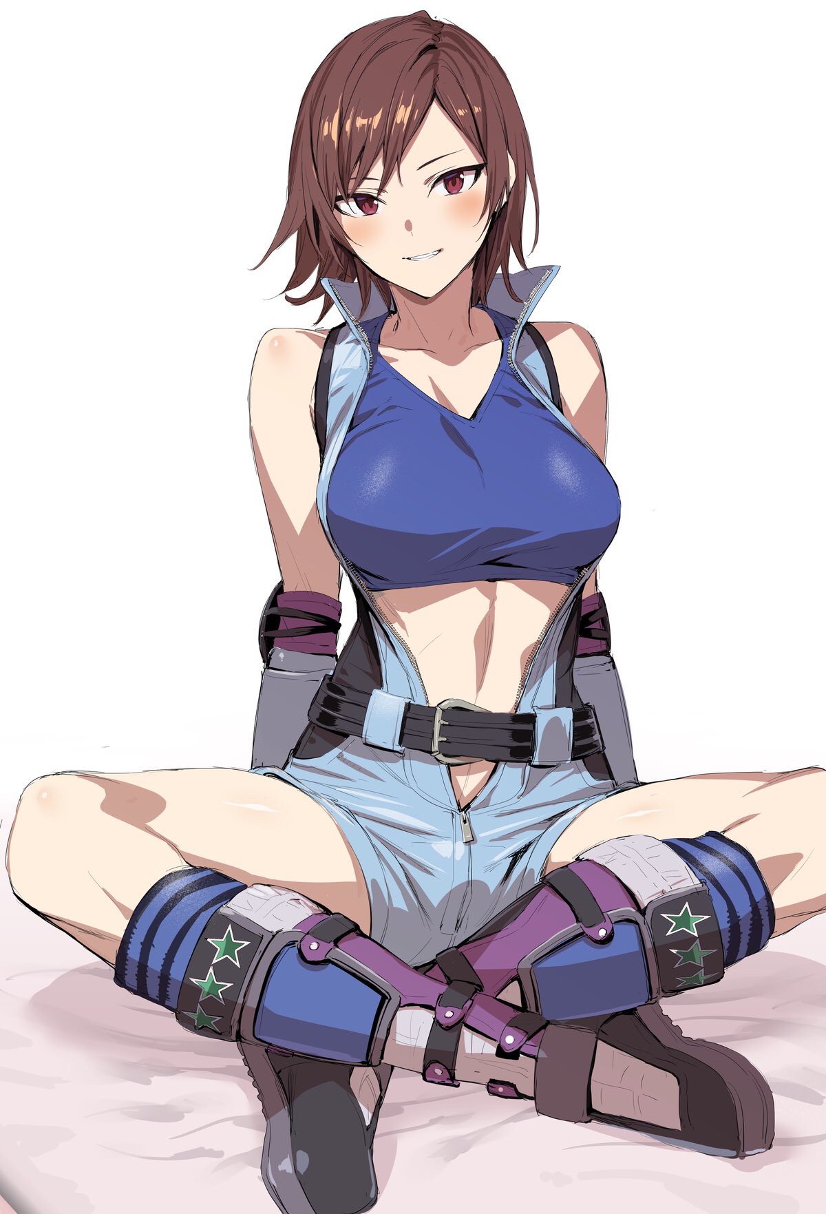 1girl arms_behind_back asymmetrical_bangs bangs belt black_footwear blue_jumpsuit blue_legwear blue_shirt blush breasts brown_hair closed_mouth crop_top crossed_legs elbow_pads formal full_body grin highres hiiragi_yuuichi indian_style kazama_asuka looking_at_viewer medium_breasts midriff namco open_jumpsuit pant_suit parted_bangs partially_unzipped red_eyes shin_guards shirt shoes short_hair short_jumpsuit simple_background sitting sleeveless smile socks solo striped striped_legwear suit tekken thighs toned white_background zipper
