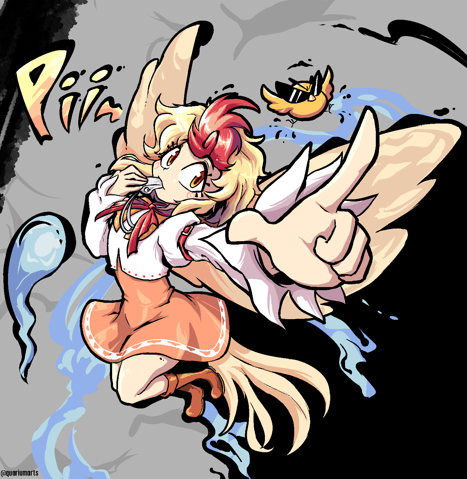 1girl bird blonde_hair blowing_whistle boots chick dress feathered_wings highres multicolored_hair niwatari_kutaka oil orange_dress orange_eyes pointing quarium red_neckwear redhead signature solo sunglasses tail tail_feathers touhou two-tone_hair vest water whistle white_sleeves white_vest wings