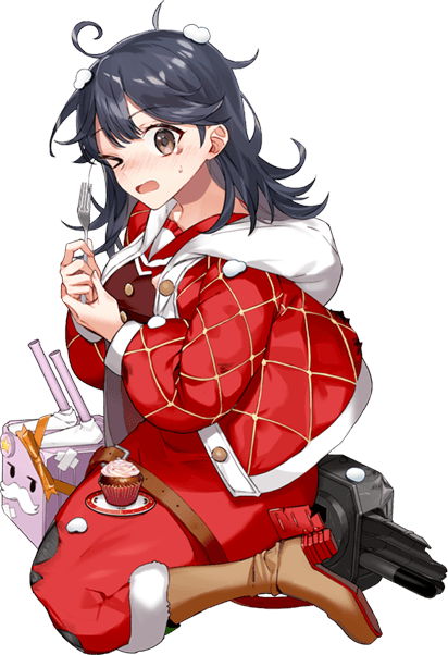 1girl black_hair blush brown_eyes christmas drew_(drew213g) eyebrows_visible_through_hair fork full_body hair_between_eyes holding holding_fork kantai_collection long_hair long_sleeves machinery official_art one_eye_closed open_mouth rigging santa_costume solo torpedo_launcher torpedo_tubes transparent_background ushio_(kantai_collection)