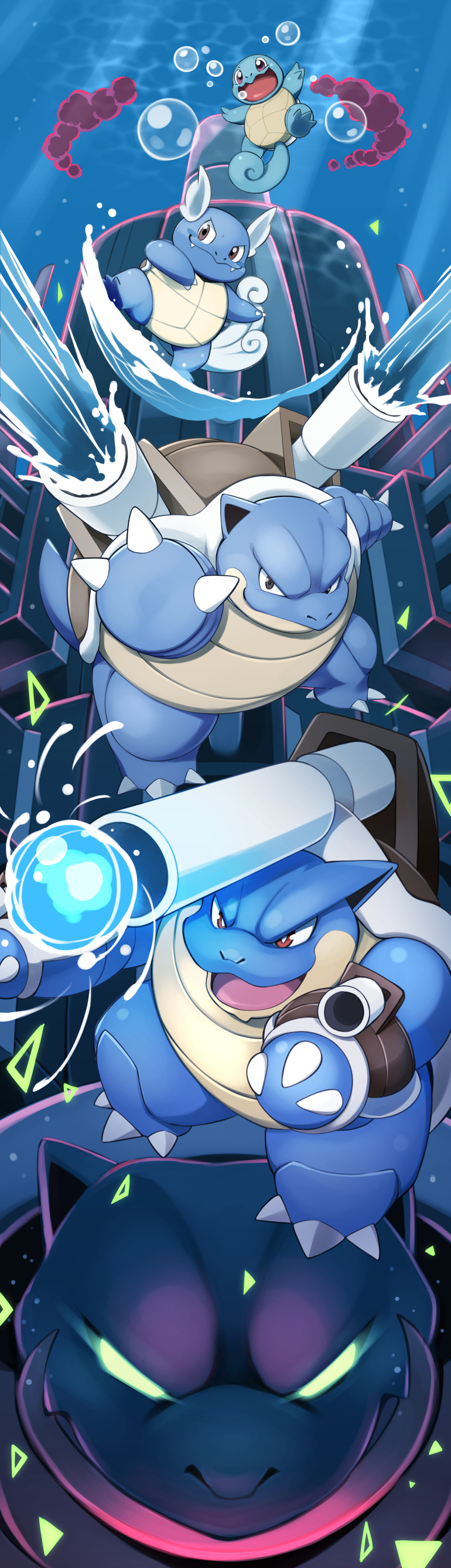 absurdres blastoise bubble claws closed_mouth commentary_request dynamax fangs fangs_out gen_1_pokemon glowing glowing_eyes highres kinoshita_jiroh looking_to_the_side mega_blastoise mega_pokemon no_humans open_mouth pokemon pokemon_(creature) smile squirtle surfing tongue wartortle water