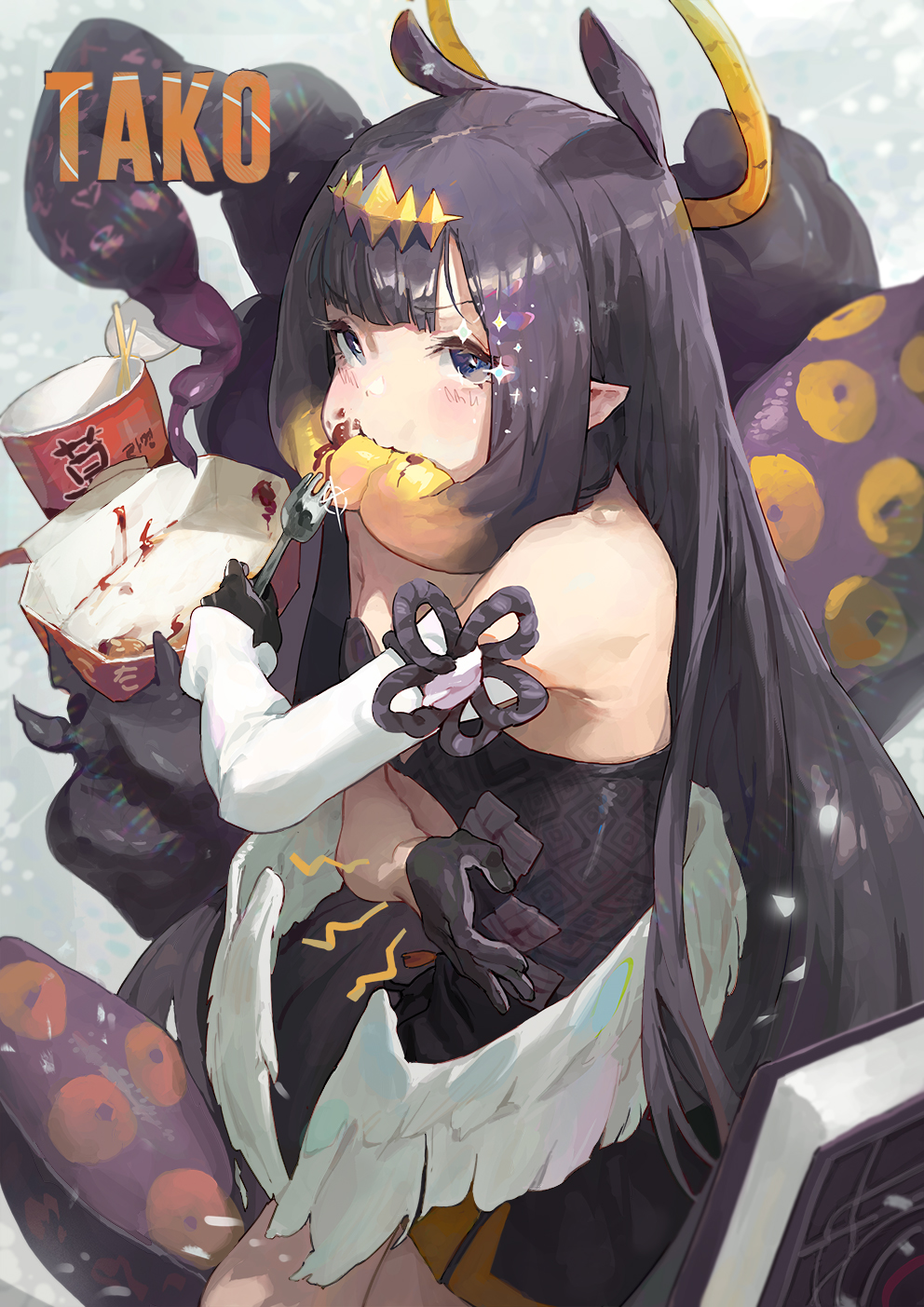 1girl ao-chan_(ninomae_ina'nis) black_gloves eating eating_hair eyelashes fast_food fork gloves grey_background hair_in_mouth halo highres holding holding_fork holding_stomach hololive instant_ramen long_hair looking_at_viewer low_wings ninomae_ina'nis pointy_ears rawtuna sidelocks snow solo sparkle stomach_growling tentacle_hair tentacles very_long_hair violet_eyes wings