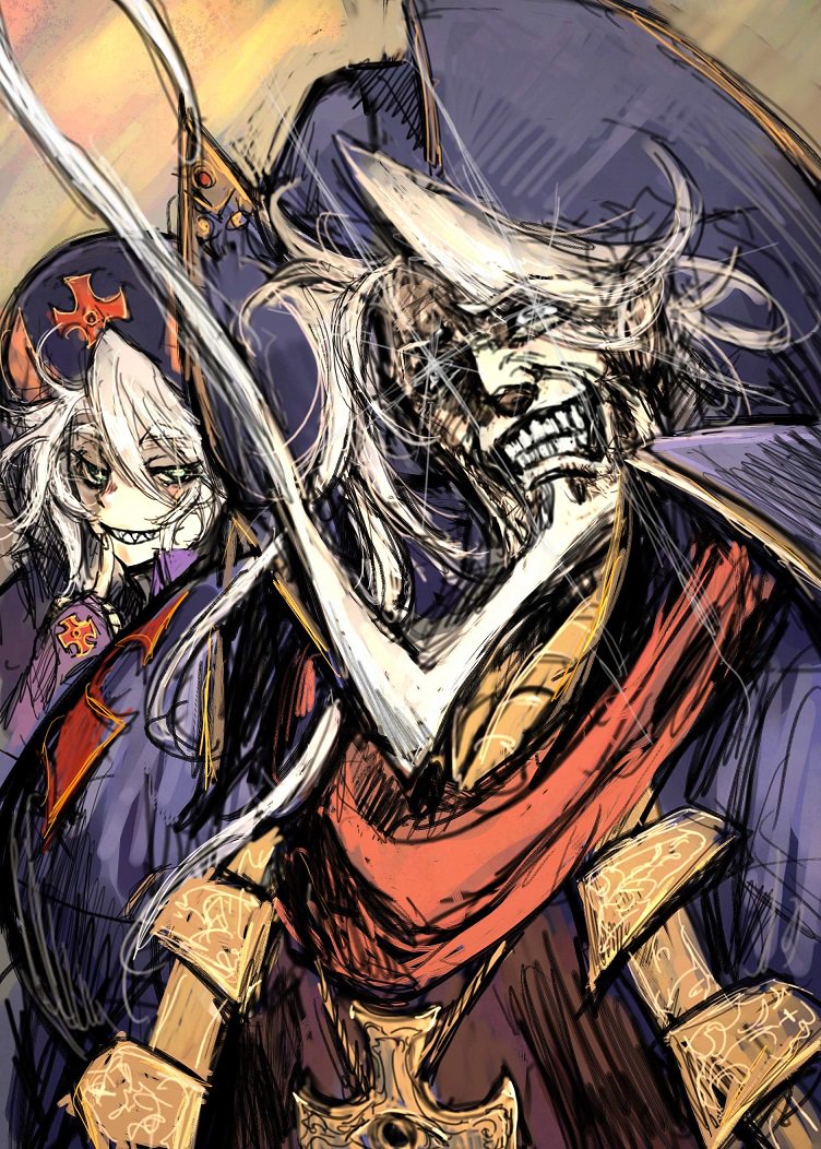 2boys beard christopher_columbus_(fate/grand_order) evil_grin evil_smile eyebrows_visible_through_hair eyes_visible_through_hair facial_hair fate/grand_order fate_(series) finger_to_mouth green_eyes grey_hair grin hat jewelry long_hair looking_at_viewer male_focus moto_murabito multiple_boys old old_man open_mouth otoko_no_ko silver_hair smile sparkle sparkling_eyes teeth white_hair younger