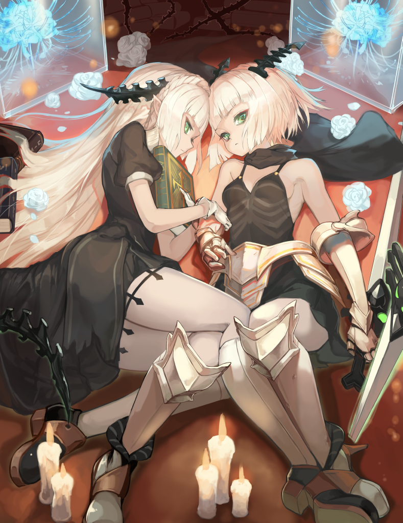 2girls afk_arena akira0171 armor bangs bare_shoulders blue_flower blunt_bangs book braid candle closed_mouth fire flame flower gauntlets gloves glowing glowing_sword glowing_weapon greaves green_eyes holding holding_book holding_sword holding_weapon horns isabella_(love_live) legs long_hair looking_at_viewer multiple_girls planted_sword planted_weapon pointy_ears rose short_hair spider_lily sword thorns vambraces weapon white_flower white_gloves white_rose
