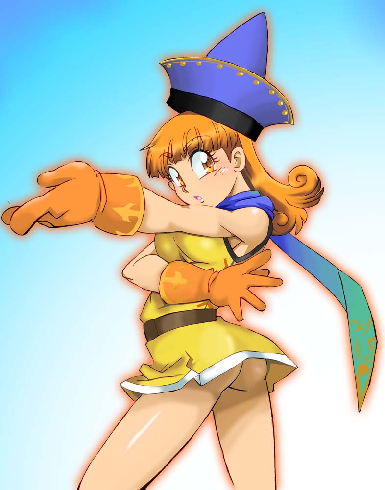 1990s_(style) 1girl alena_(dq4) ass breasts cape commentary_request curly_hair dragon_quest dragon_quest_iv dress gloves graphite_(medium) hat long_hair looking_at_viewer millipen_(medium) no_panties onnaski open_mouth orange_hair photoshop_(medium) simple_background skirt solo traditional_media yellow_skirt