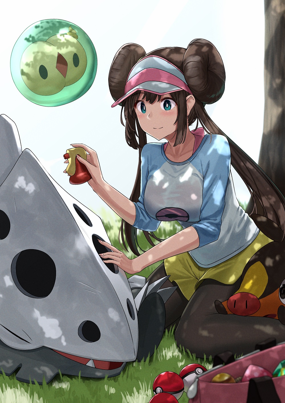 1girl aqua_eyes bag berry_(pokemon) black_legwear blush bottle breasts brown_hair closed_mouth collarbone double_bun eyebrows_visible_through_hair floating gen_3_pokemon gen_5_pokemon grass hand_on_another's_head hat highres kneeling lairon large_breasts legwear_under_shorts logo long_hair long_sleeves looking_at_another multicolored multicolored_clothes noeru outdoors pantyhose pecha_berry poke_ball poke_ball_(basic) pokemon pokemon_(creature) pokemon_(game) pokemon_bw2 rosa_(pokemon) shorts smile solosis spray_bottle tepig tree visor visor_cap yellow_shorts