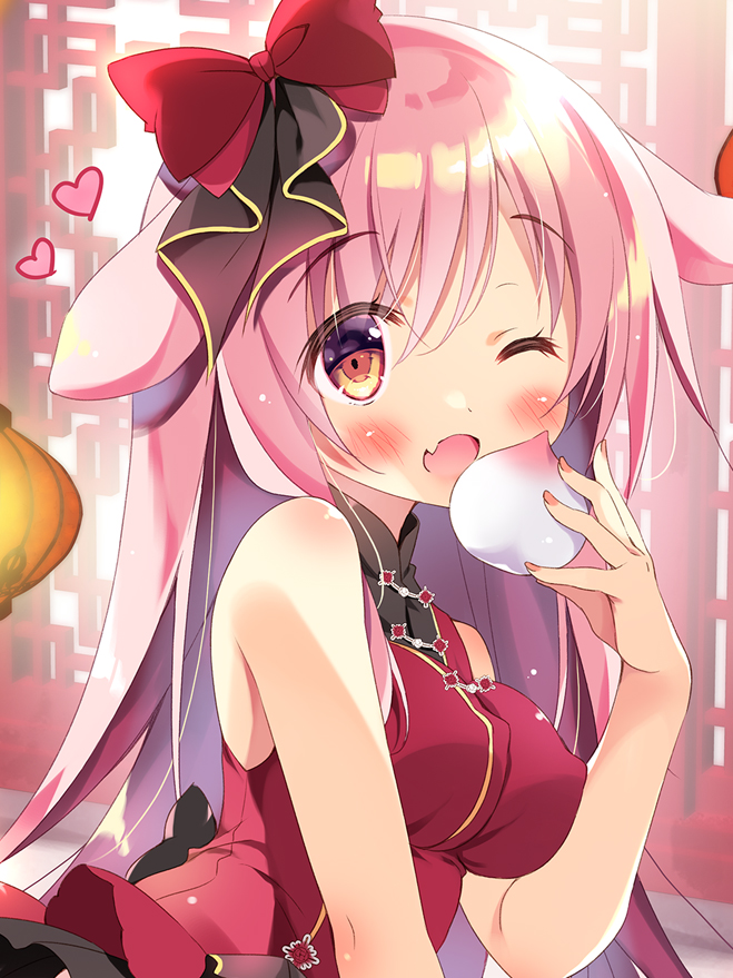 1girl ;d animal_ears bangs baozi bare_arms bare_shoulders blush bow breasts commentary_request dress eyebrows_visible_through_hair fang food hair_between_eyes hair_bow hand_up heart holding holding_food long_hair medium_breasts nail_polish one_eye_closed open_mouth original pan_(mimi) pink_hair pink_nails rabbit_ears red_bow red_dress red_eyes sleeveless sleeveless_dress smile solo upper_body very_long_hair yukimi_(pan_(mimi))