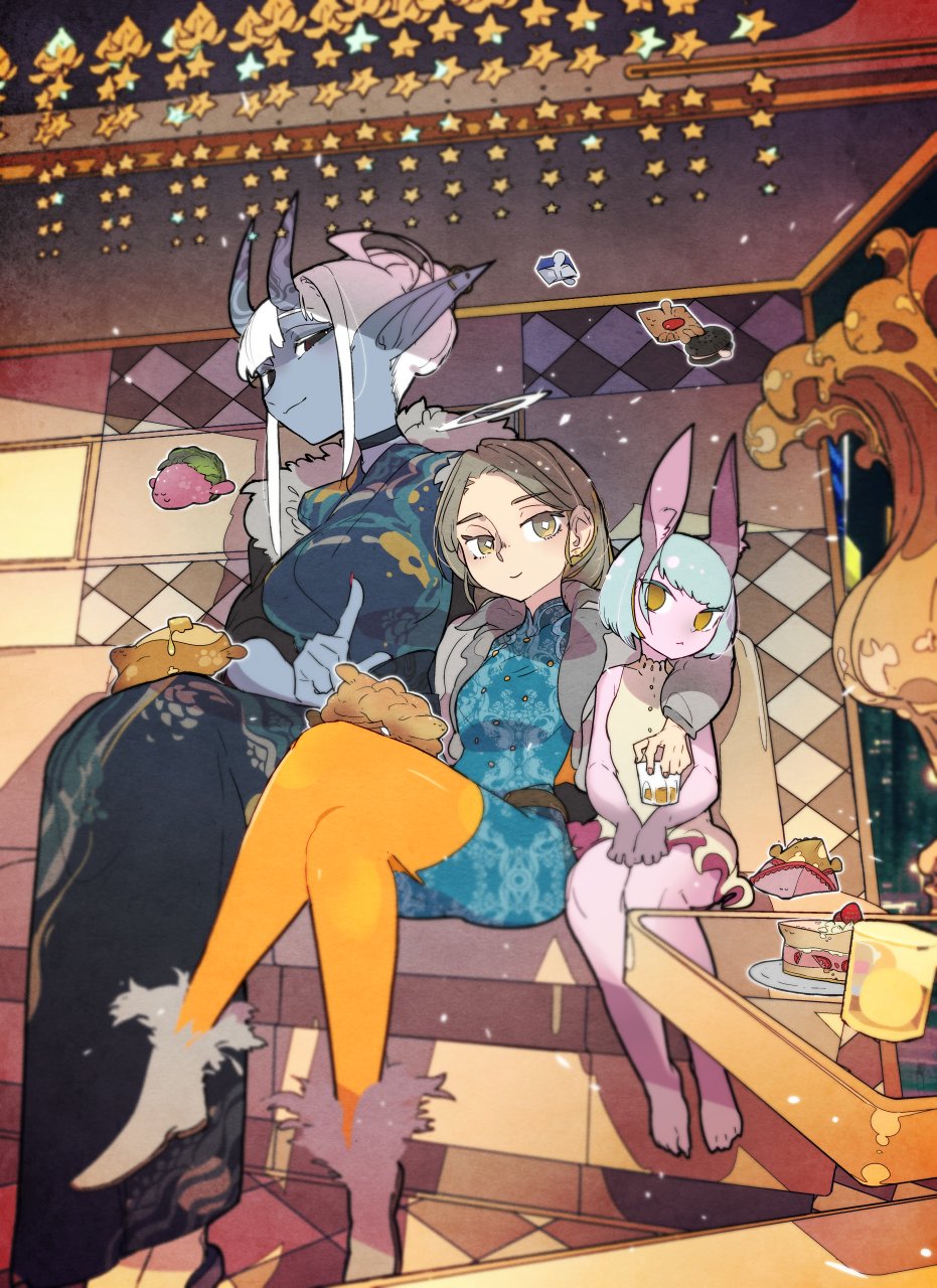 3girls :&lt; ankle_boots arm_around_shoulder bare_legs barefoot black_choker black_eyes blue_dress blue_hair blue_kimono blue_oni blue_skin bob_cut boots bright_pupils brown_eyes brown_hair cake cake_slice china_dress chinese_clothes choker closed_mouth colored_skin commentary crossed_legs cup diamond-shaped_pupils diamond_(shape) dress drinking_glass english_commentary food fur-trimmed_boots fur_trim furry grey_dress grey_footwear highres holding holding_cup horns index_finger_raised jacket japanese_clothes kimono kuroi_moyamoya long_hair looking_at_viewer multiple_girls oni oni_horns open_clothes open_jacket orange_legwear original pink_skin pointy_ears rabbit_girl sandals sash short_dress short_hair sitting smile socks strawberry_shortcake symbol-shaped_pupils table white_hair white_legwear white_pupils yellow_eyes