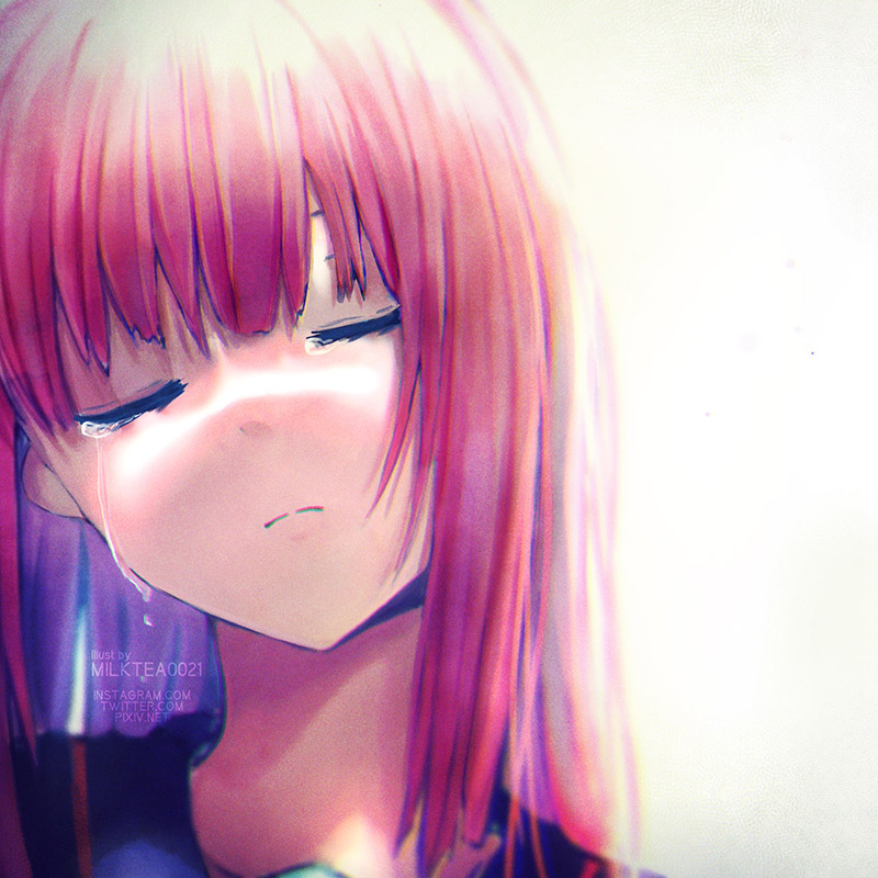 1girl bangs closed_eyes closed_mouth crying frown long_hair milktea_0021 original pink_hair portrait simple_background solo tears watermark white_background