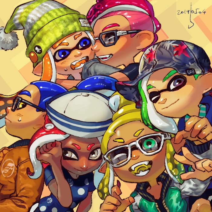 6+girls banonefans black_jacket black_mask blonde_hair blue_eyes blush brown_jacket character_request closed_mouth commentary_request dated domino_mask fang glasses goggles green_eyes green_jacket grey_eyes hat hug inkling jacket long_sleeves mask multiple_girls octoling one_eye_closed open_mouth orange_hair pink_hair pointy_ears profile redhead sailor_hat splatoon_(series) splatoon_2 squidbeak_splatoon suction_cups sweatdrop tan tentacle_hair white-framed_eyewear white_headwear yellow_background yellow_eyes