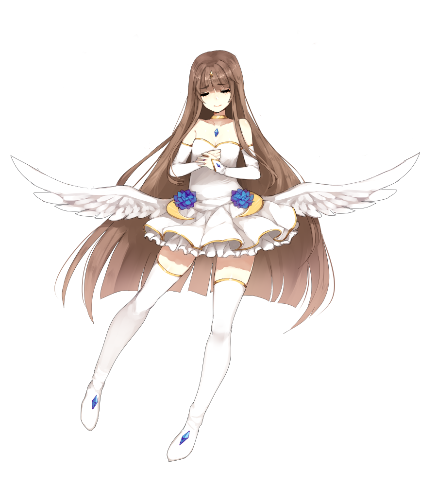 1girl angel_wings artificial_world bare_shoulders blunt_ends boots chest_jewel choker closed_eyes closed_mouth commentary detached_sleeves dress english_commentary facing_viewer feathered_wings full_body long_hair long_sleeves low_wings miniskirt original own_hands_together ren_(terupancake) simple_background skirt smile solo strapless strapless_dress terupancake thigh-highs thigh_boots very_long_hair white_background white_dress white_footwear white_skirt white_wings wings yellow_choker