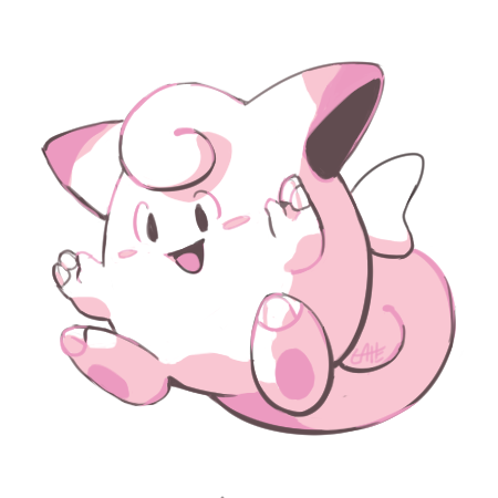 :d black_eyes clefairy commentary creature english_commentary full_body gen_1_pokemon lattemonster lowres monochrome no_humans open_mouth pink_theme pokemon pokemon_(creature) pokemon_(game) pokemon_rgby pokemon_rgby_(style) simple_background smile solo white_background