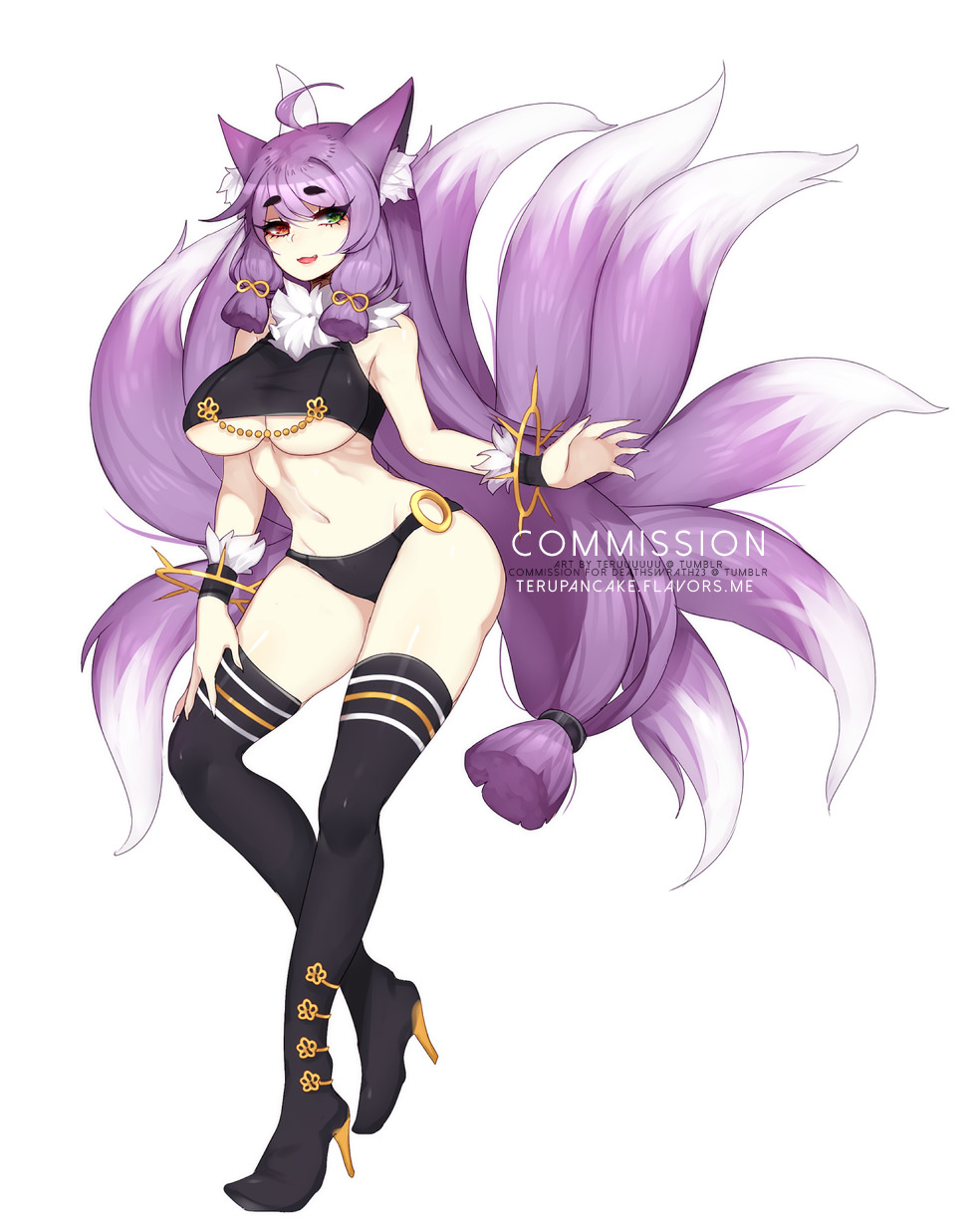 1girl :d animal_ears bare_shoulders black_footwear black_panties boots breasts commentary commission english_commentary fox_ears fox_tail full_body fur_collar green_eyes heterochromia high_heel_boots high_heels highres kitsune large_breasts long_hair looking_at_viewer multiple_tails open_mouth original panties purple_hair red_eyes simple_background smile solo tail terupancake thigh-highs thigh_boots under_boob underwear very_long_hair white_background wristband