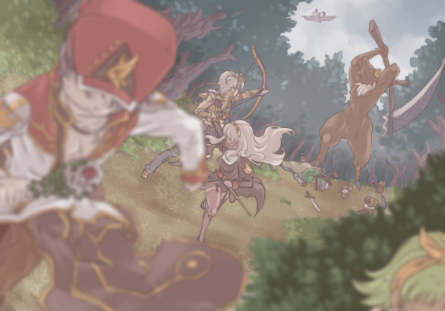 2girls 3boys animal_ears arrow_(projectile) bangs baphomet_(ragnarok_online) baphomet_jr bird black_coat black_dress blue_pants blurry bow_(weapon) brown_shirt bush cape closed_mouth coat commentary_request crop_top crown day defeat demon depth_of_field drawing_bow dress dutch_angle fleeing full_body fur-trimmed_gloves fur-trimmed_shirt fur_trim garter_straps gloves grass green_hair hairband high_priest_(ragnarok_online) holding holding_bow_(weapon) holding_staff holding_weapon knight_(ragnarok_online) long_hair looking_at_another looking_to_the_side lying monster multiple_boys multiple_girls no_eyes novice_(ragnarok_online) on_ground open_mouth outdoors pants priest_(ragnarok_online) purple_hair rabbit_ears ragnarok_online red_headwear red_shirt scythe shirt short_hair sleeveless sleeveless_shirt sniper_(ragnarok_online) staff standing susukinohukurou sword thigh-highs tree two-tone_shirt upper_body weapon white_hair white_shirt yellow_gloves yellow_shirt