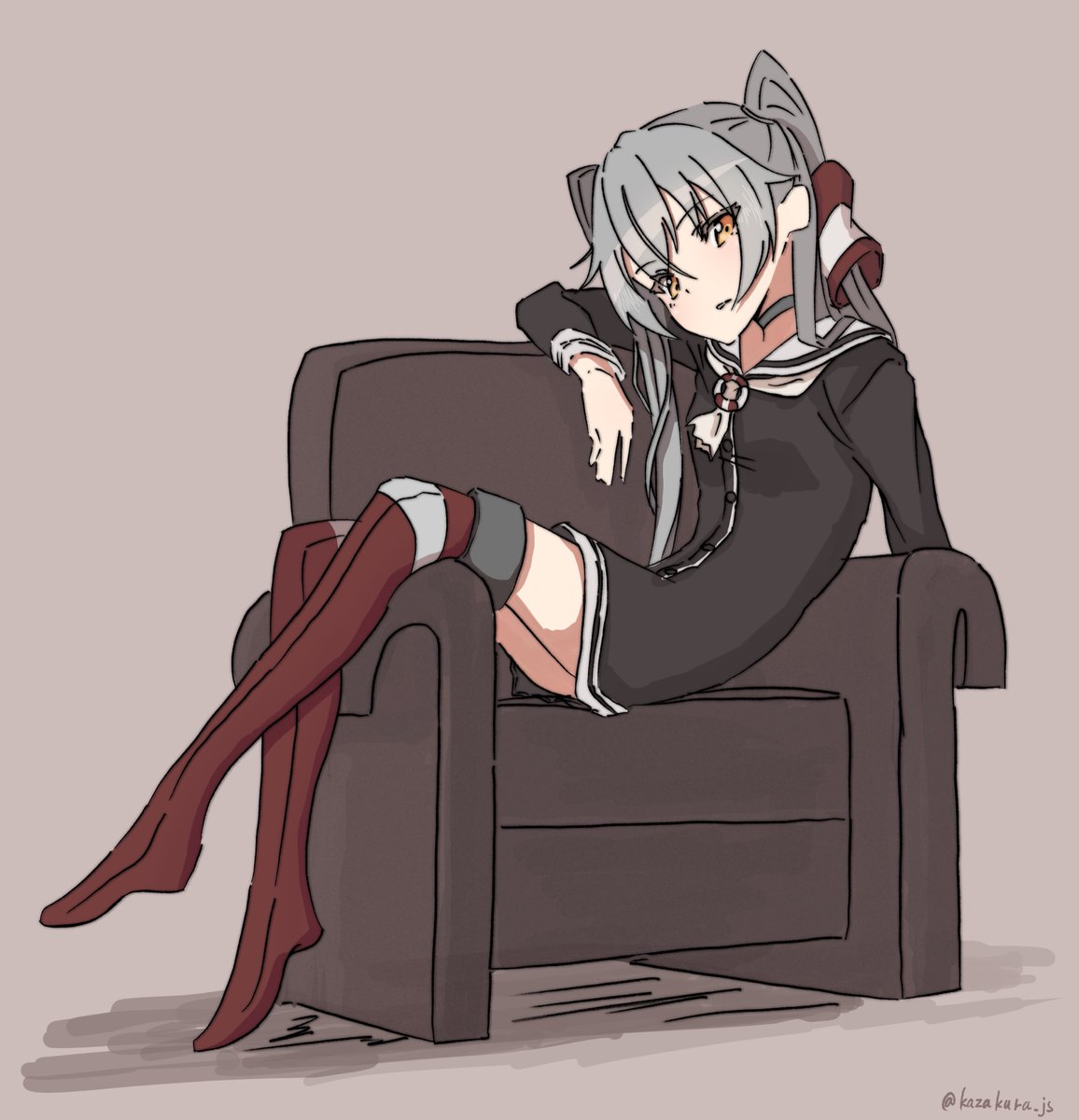 1girl amatsukaze_(kantai_collection) brown_dress brown_eyes commentary_request couch dress full_body garter_straps grey_background grey_sailor_collar hair_tubes highres kantai_collection kazakura_(kazakura_js) lifebuoy lifebuoy_ornament long_hair neckerchief red_legwear sailor_collar sailor_dress short_dress silver_hair simple_background sitting solo striped striped_legwear thigh-highs two_side_up white_neckwear windsock