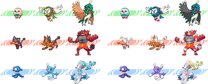 bird brionne claws closed_eyes commentary creature dartrix decidueye english_commentary full_body gen_7_pokemon incineroar litten marc_azria no_humans pixel_art pokemon pokemon_(creature) popplio primarina rowlet shiny_and_normal sprite standing starter_pokemon starter_pokemon_trio torracat transparent_background