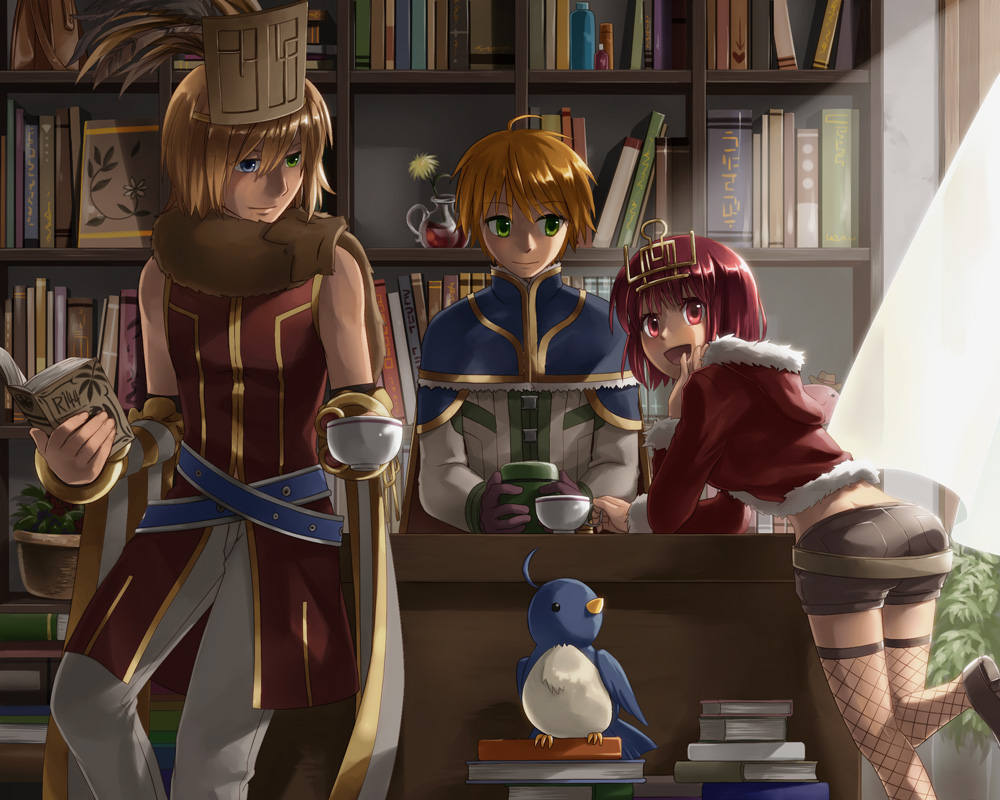 1girl 2boys alchemist_(ragnarok_online) animal_around_neck bangle bangs belt bird blonde_hair blue_belt blue_capelet blue_eyes book book_stack bookshelf bracelet brown_footwear brown_gloves brown_shorts capelet closed_mouth commentary_request cowboy_hat crown cup curtains day desk detached_sleeves eyebrows_visible_through_hair feet_out_of_frame filir_(ragnarok_online) fishnet_legwear fishnets flower fox fur-trimmed_jacket fur_trim gloves green_eyes hair_between_eyes hat heterochromia holding holding_book holding_cup indoors jacket jewelry leg_up library long_shirt long_sleeves looking_at_another looking_at_viewer looking_to_the_side multiple_boys natsuya_(kuttuki) open_mouth pants plant poring potion professor_(ragnarok_online) ragnarok_online red_eyes red_jacket red_shirt redhead rogue_(ragnarok_online) shirt short_hair short_shorts shorts sitting sleeveless sleeveless_shirt smile standing teacup white_pants white_shirt white_sleeves yellow_sleeves