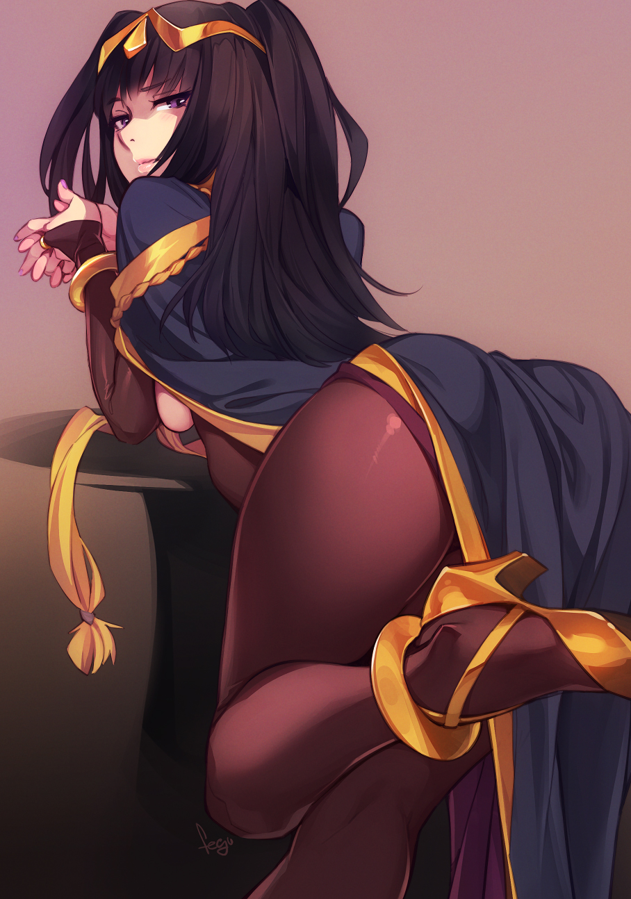1girl bangs bent_over black_eyes black_hair bodysuit bracelet bridal_gauntlets cape circlet closed_mouth english_commentary feguimel fire_emblem fire_emblem_awakening high_heels highres jewelry leg_up lips long_hair looking_back purple_nails simple_background solo tharja_(fire_emblem) two_side_up
