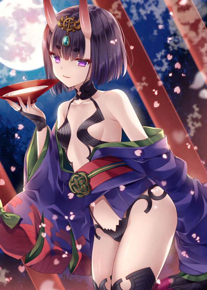 1girl alcohol bangs bare_shoulders black_legwear blurry blurry_background breasts collarbone commentary_request cup depth_of_field eyebrows_visible_through_hair fate/grand_order fate_(series) full_moon headpiece holding holding_cup horns japanese_clothes kimono looking_at_viewer moon nogi_takayoshi obi off_shoulder oni oni_horns parted_lips petals purple_hair purple_kimono sakazuki sake sash short_eyebrows short_hair shuten_douji_(fate/grand_order) small_breasts solo thick_eyebrows thigh-highs violet_eyes