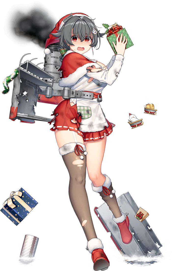 1girl akasaka_yuzu apron black_hair box breasts brown_legwear capelet full_body gift gift_box hair_flaps hair_ornament hat holding holding_gift jingei_(kantai_collection) kantai_collection large_breasts long_hair official_art open_mouth red_capelet red_eyes red_footwear rigging santa_costume santa_hat smoke smokestack solo tears thigh-highs torn_clothes torn_legwear transparent_background white_apron