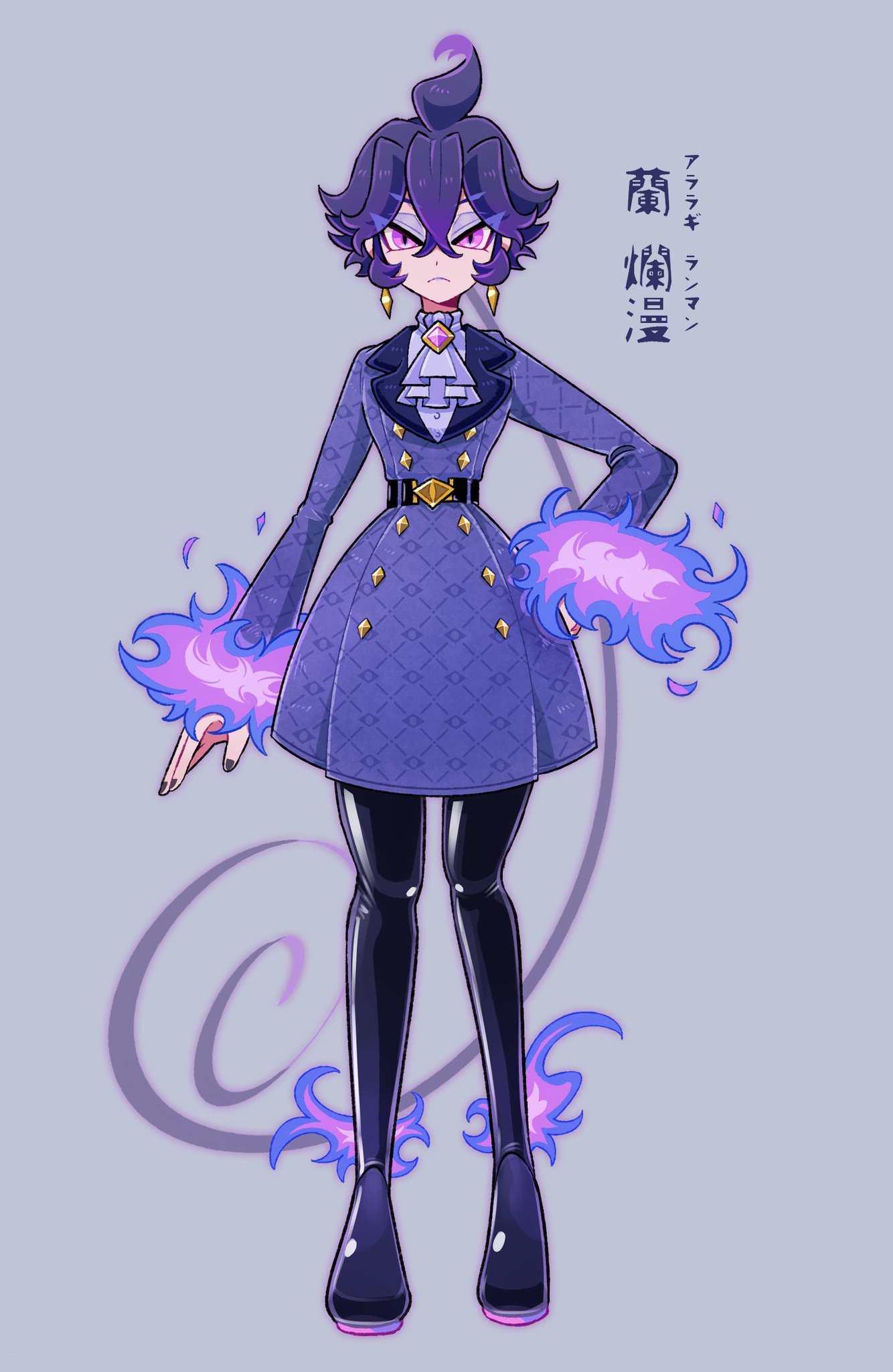 1girl belt black_legwear black_nails earrings eyebrows_visible_through_hair eyes_visible_through_hair fire frills full_body grey_background hair_between_eyes highres iccoco jewelry long_sleeves looking_at_viewer original purple_fire purple_hair short_hair solo standing violet_eyes