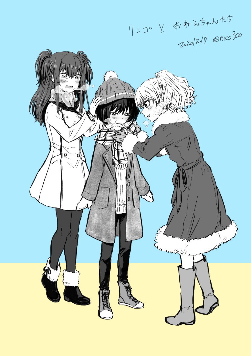 3girls adjusting_another's_clothes adjusting_clothes adjusting_headwear adjusting_scarf artist_name bangs black_hair black_legwear blonde_hair blue_background blush bob_cut boots bow breath coat commentary dated double-breasted dress dressing_another fur-trimmed_boots fur-trimmed_dress fur_trim gokusai_kaibi greyscale hair_between_eyes hand_on_another's_head hand_on_another's_shoulder helping knit_hat long_hair looking_at_another looking_down mittens monochrome multiple_girls nico_(hero300) open_clothes open_coat pants pantyhose parted_lips plaid plaid_scarf pom_pom_(clothes) ponytail ribbed_hat ribbed_sweater scarf scarf_tying short_hair smile sweater to_aru_kagaku_no_dark_matter to_aru_majutsu_no_index translated twintails twitter_username two-tone_background two_side_up wavy_hair yellow_background yumiya_rakko yuzuriha_ringo