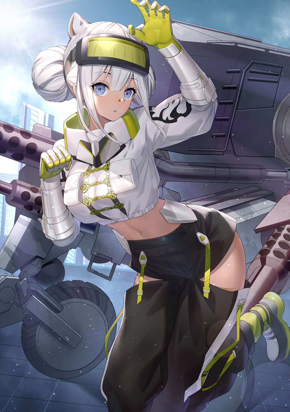 1girl animal_ears arm_up black_pants blue_eyes breast_pocket crop_top day double_bun extra_ears gloves goggles goggles_on_head hand_up high_collar highres hip_vent long_sleeves looking_at_viewer machinery midriff navel outdoors pants parted_lips pocket ririko_(zhuoyandesailaer) shirt shoes solo sunlight white_hair white_shirt x2:_eclipse