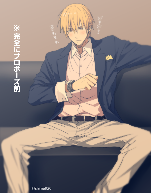 1boy bangs belt black_jacket blonde_hair blush brown_pants buttons closed_mouth collared_shirt commentary_request couch dress_shirt feet_out_of_frame frown grey_background hair_between_eyes jacket kise_ryouta kuroko_no_basuke long_sleeves looking_at_object looking_at_watch looking_down male_focus mashima_shima on_couch open_clothes open_jacket pants shirt short_hair simple_background sitting solo spread_legs translation_request waiting watch watch white_shirt yellow_eyes
