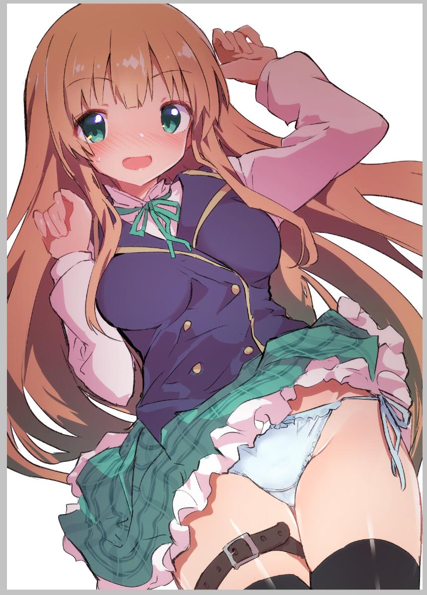1girl arm_up bangs black_legwear blonde_hair blue_panties blue_vest blush border bow bow_panties caburi character_request commentary_request copyright_request crotch_seam dress_shirt eyebrows_visible_through_hair frilled_skirt frills green_eyes green_neckwear green_skirt grey_border high_collar long_hair long_sleeves looking_at_viewer miniskirt neck_ribbon open_mouth panties pantyshot plaid plaid_skirt ribbon shirt side-tie_panties skirt skirt_lift smile solo striped striped_panties sweatdrop thigh-highs thigh_strap underwear vest white_shirt