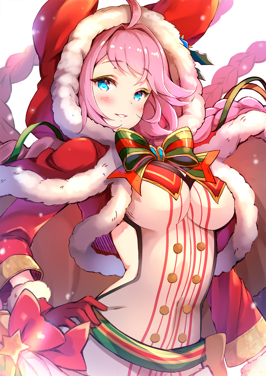 1girl ahoge aqua_eyes backless_outfit bangs belt blush breasts capelet christmas erune esser eyebrows_visible_through_hair fur-trimmed_gloves fur-trimmed_headwear fur-trimmed_hood fur_trim gloves gnir_(akiring663) granblue_fantasy hand_on_hip highres hood hood_up hooded_capelet long_hair long_sleeves looking_at_viewer pilokey pink_hair red_capelet red_gloves red_headwear red_hood santa_costume smile solo very_long_hair