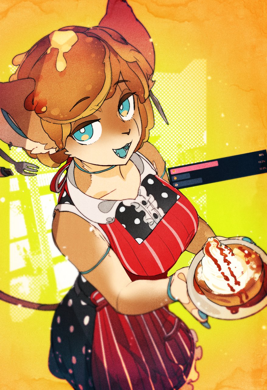 1girl :3 :d animal_ears apron black_dress blue_eyes blue_nails blue_tongue breasts bright_pupils brown_fur brown_hair commentary dress english_commentary fingernails food fork from_above furry highres holding kuroi_moyamoya large_breasts looking_at_viewer nail_polish open_mouth original pancake plate red_apron smile solo standing tail white_pupils