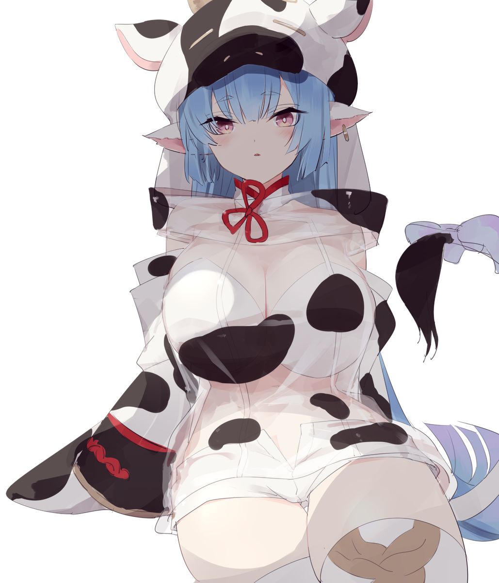 1girl animal_ears animal_print bangs blue_hair blunt_bangs commentary_request cow_ears cow_girl cow_hood cow_horns cow_print cow_tail draph ear_piercing eyebrows_visible_through_hair granblue_fantasy hat highres horns long_hair looking_at_viewer piercing pink_eyes pointy_ears shatola_(granblue_fantasy) shorts simple_background sitting solo sutaa_dasuto-kun tail thigh-highs thighs white_background white_legwear white_shorts