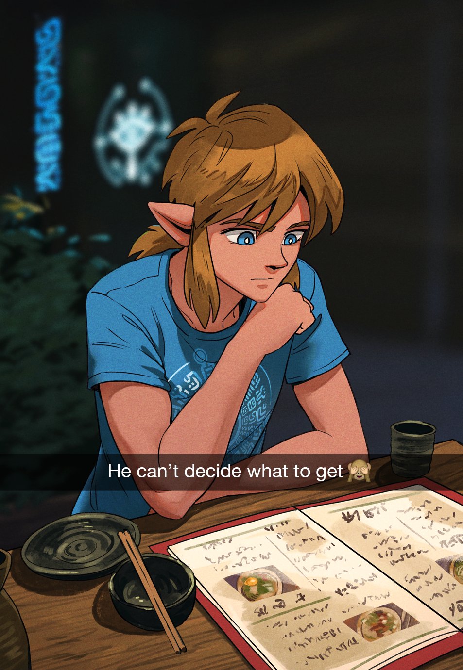 1boy blue_eyes blue_shirt bowl brown_hair chopstick_rest chopsticks commentary_request contemporary cup english_text fake_screenshot highres link looking_down malin_falch menu nose plate print_shirt reading restaurant shirt short_ponytail sidelocks sitting snapchat solo t-shirt table tan teacup the_legend_of_zelda the_legend_of_zelda:_breath_of_the_wild thick_eyebrows