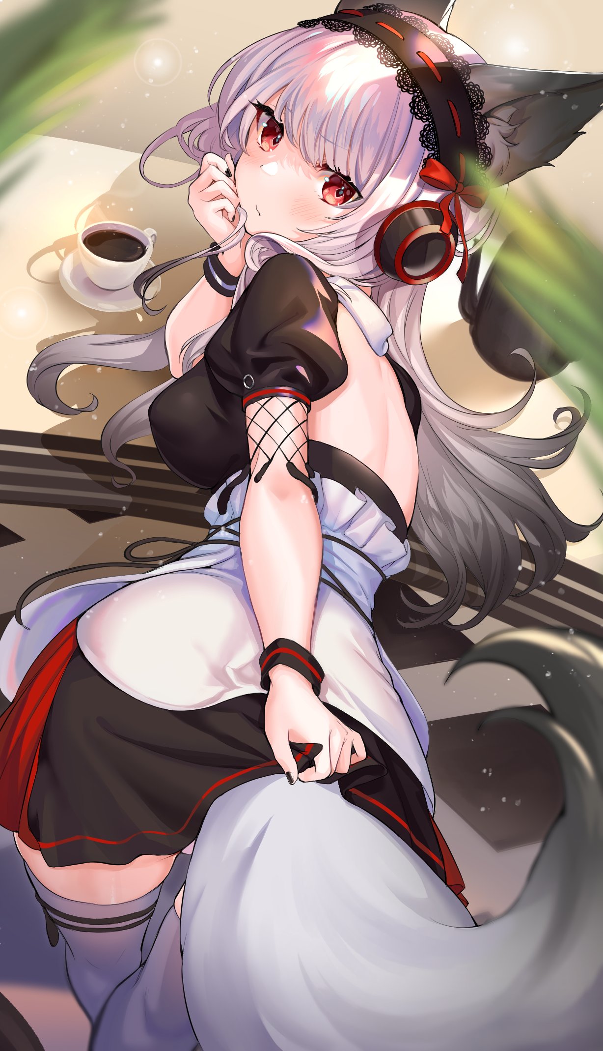 1girl alternate_costume animal_ears arknights backless_dress backless_outfit bangs bare_back black_dress black_hairband breasts commentary_request cup dress enmaided fox_ears fox_tail frostleaf_(arknights) grey_legwear hair_ribbon hairband hand_up head_tilt highres long_hair looking_at_viewer maid medium_breasts puffy_short_sleeves puffy_sleeves red_eyes red_ribbon ribbon short_sleeves silver_hair solo spica_(spica_1510) tail teacup thigh-highs wrist_cuffs zettai_ryouiki