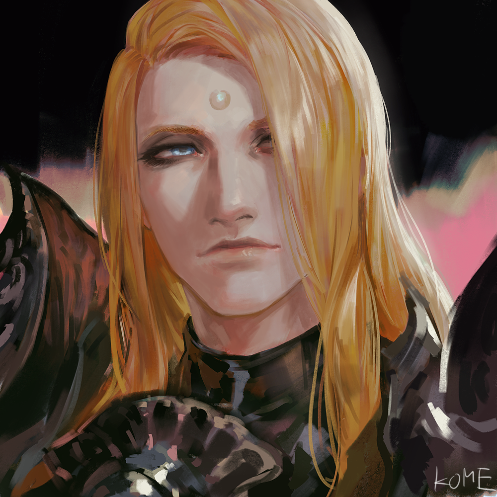 1boy androgynous armor black_background blonde_hair blue_eyes commentary eyeshadow final_fantasy final_fantasy_xiv frischenq garlean hair_over_one_eye long_hair looking_to_the_side makeup male_focus one_eye_covered pauldrons portrait shoulder_armor signature smile solo third_eye zenos_yae_galvus