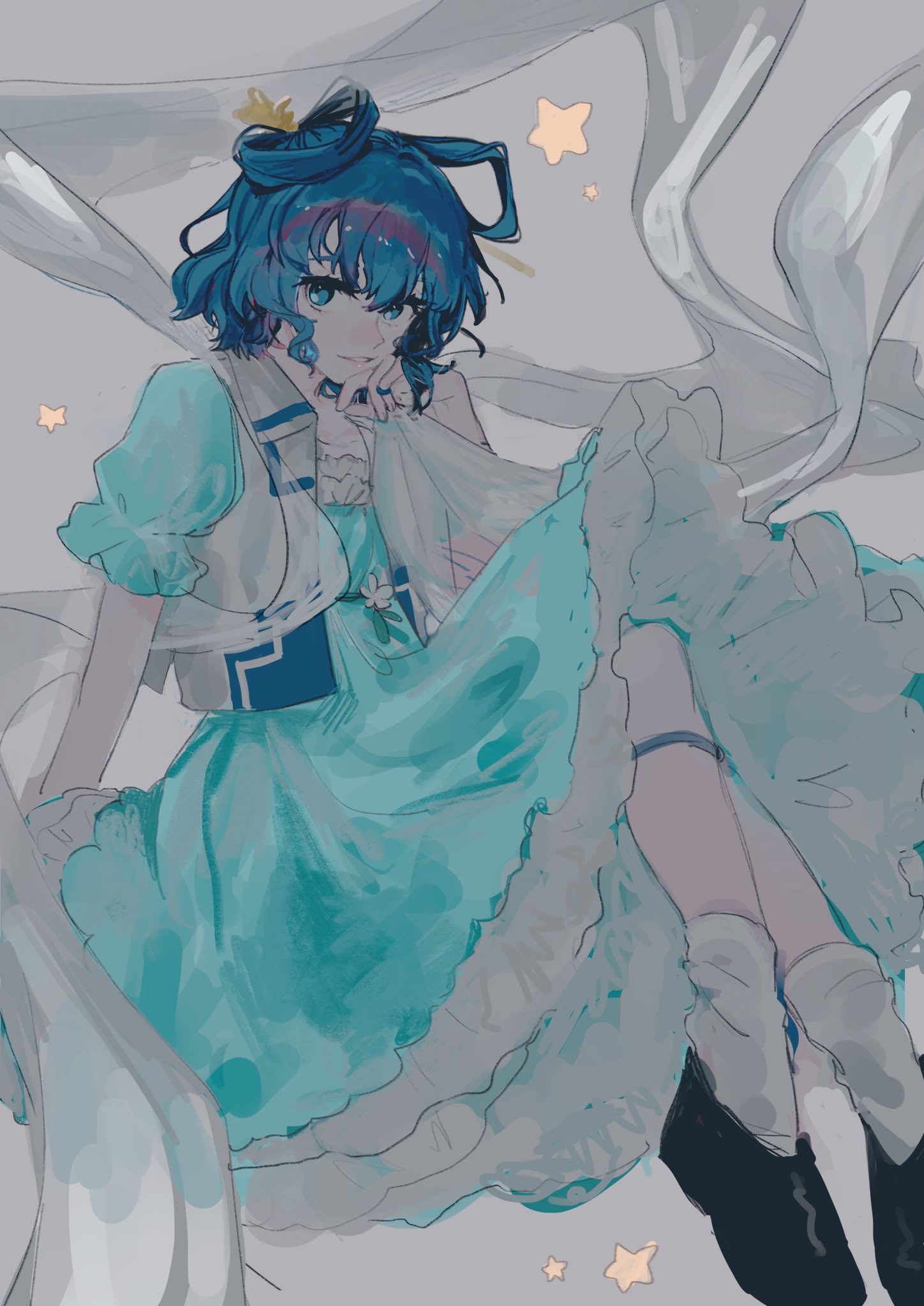 1girl aqua_dress bangs black_footwear blue_eyes blue_hair blue_ribbon dress drill_hair eyebrows_behind_hair flat_chest floating flower foot_out_of_frame gotagotay grey_background hagoromo hair_between_eyes hair_ornament hair_rings hair_stick hand_on_own_chin highres kaku_seiga knees_up leg_ribbon looking_at_viewer parted_lips petticoat puffy_short_sleeves puffy_sleeves ribbon shawl short_hair short_sleeves simple_background smile solo star_(symbol) touhou vest white_vest