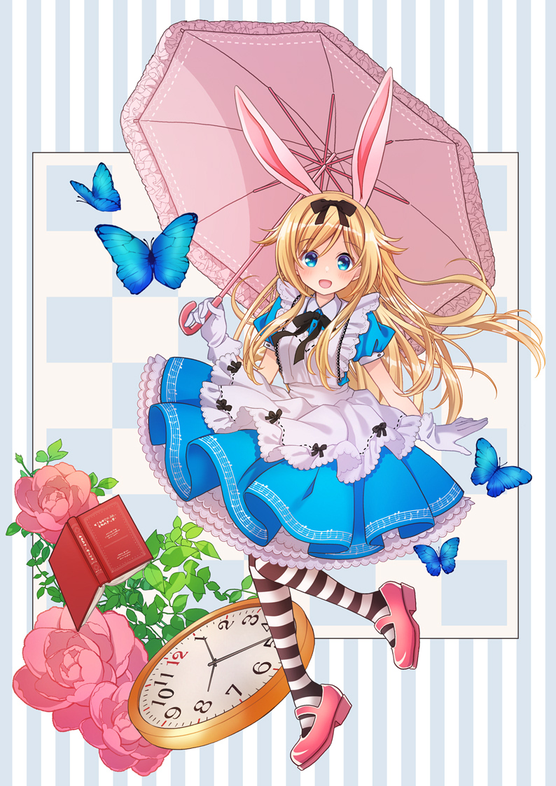 1girl :d alice_(wonderland) alice_in_wonderland animal_ears black_bow blonde_hair blue_butterfly blue_dress book bow bug butterfly clock dress flower frilled_dress frills full_body hair_bow holding holding_umbrella insect kawanobe long_hair looking_at_viewer open_mouth parasol pink_footwear pink_umbrella puffy_short_sleeves puffy_sleeves rabbit_ears ribbon short_sleeves simple_background smile solo striped striped_background striped_legwear umbrella