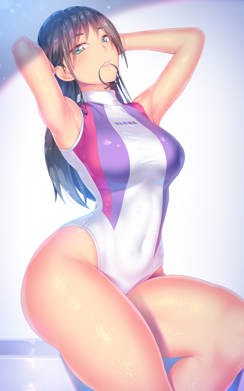 1girl a.x. arms_behind_head black_hair blue_eyes breasts clothes_writing commentary_request competition_swimsuit covered_navel long_hair looking_at_viewer medium_breasts one-piece_swimsuit original sitting solo swimsuit turtleneck white_swimsuit