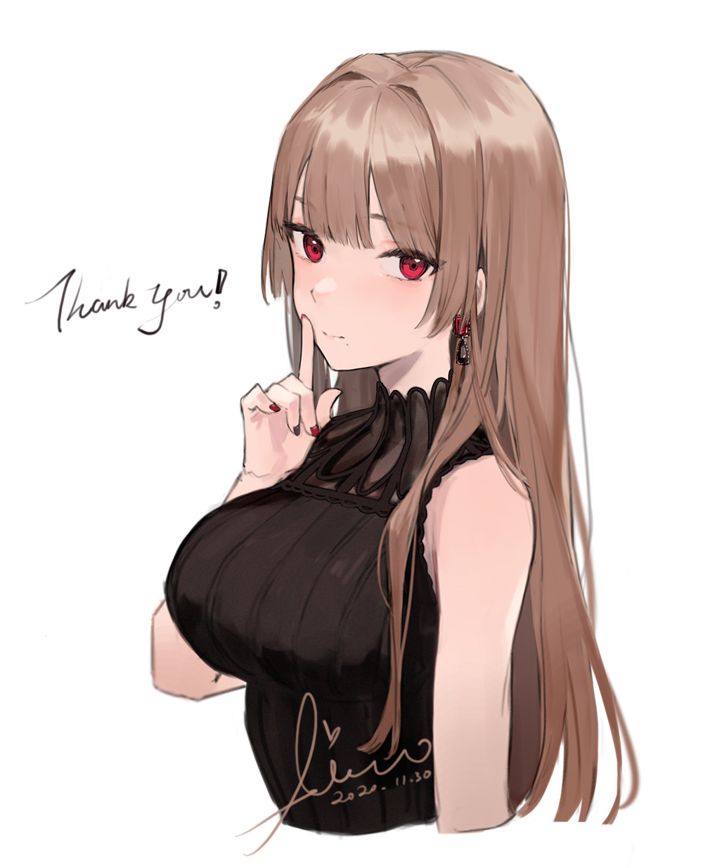 1girl aiko_(kanl) azur_lane bare_arms bare_shoulders black_shirt breasts brown_hair closed_mouth cropped_torso cursive earrings finger_to_mouth hand_up highres index_finger_raised jewelry large_breasts long_hair looking_at_viewer nail_polish red_eyes red_nails ribbed_shirt shirt shushing sidelocks simple_background sleeveless sleeveless_shirt sleeveless_turtleneck solo swiftsure_(azur_lane) thank_you turtleneck white_background