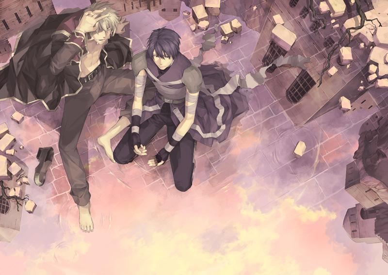 2boys abs assassin_(ragnarok_online) bandages bangs bare_pecs barefoot belt black_belt black_coat black_pants brick brick_floor building closed_mouth coat commentary_request dark_blue_hair fingerless_gloves full_body gloves kazunon looking_at_viewer looking_to_the_side male_focus multiple_boys open_clothes open_coat open_mouth pants platinum_blonde_hair priest_(ragnarok_online) purple_gloves purple_shirt ragnarok_online red_coat reflection roots shading_eyes shirt shoes_removed short_hair sitting two-tone_coat violet_eyes waist_cape water