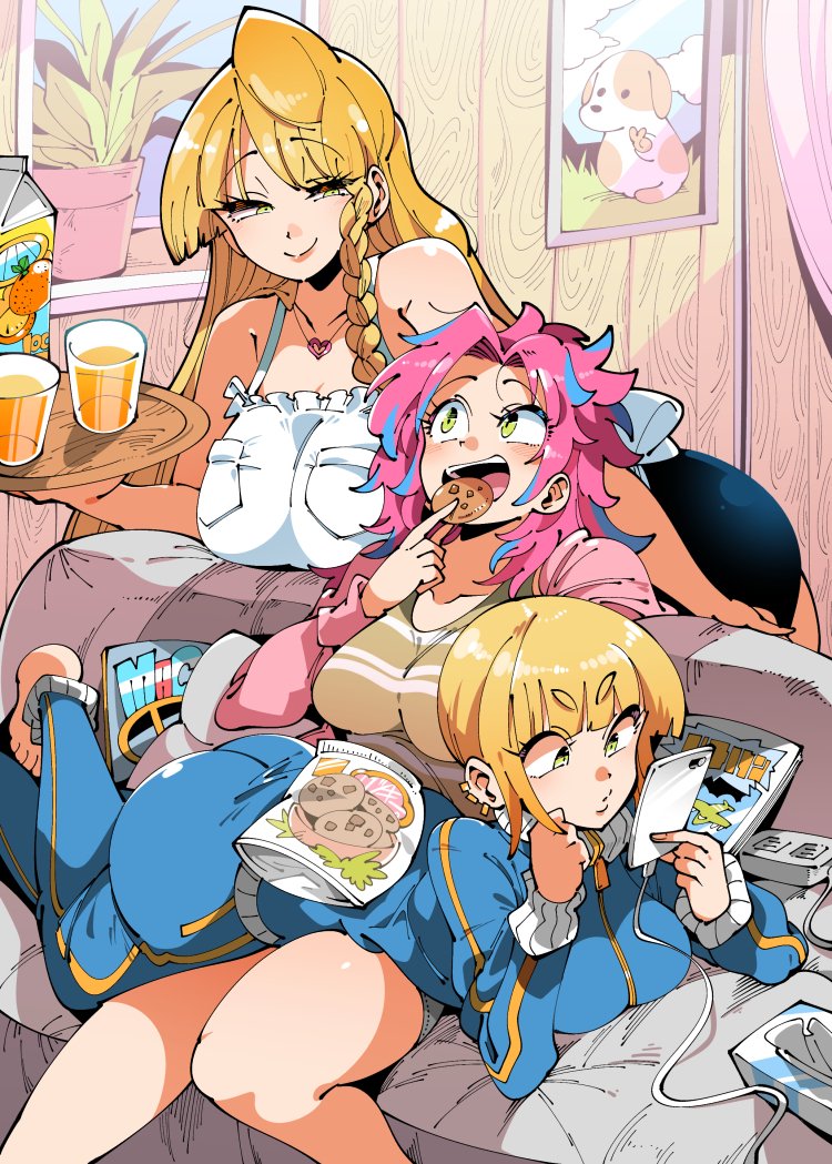 3girls apron ass barefoot blonde_hair blue_hair borrowed_character braid breasts cable cecilia_caroline_o'byrne cellphone commentary commission cookie couch ear_clip english_commentary eyebrows_visible_through_hair family food green_eyes kafun large_breasts lying lying_on_person mature multicolored_hair multiple_girls nessa_lucille_wheeler on_couch on_stomach orange_juice original phone pink_hair raleigh_layne_wheeler siblings side_braid sisters sitting smartphone streaked_hair track_suit tray two-tone_hair