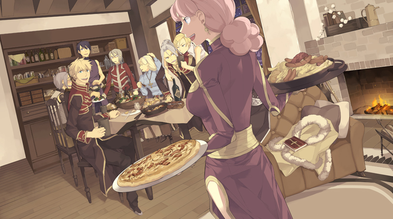 3girls 5boys armor assassin_(ragnarok_online) bangs basket beige_cape black_coat black_pants blacksmith blonde_hair blue_eyes blush book bottle breastplate brown_pants cape cape_removed chair cheese closed_eyes closed_mouth coat comiket_77 commentary_request couch cowboy_shot creator_(ragnarok_online) cup disgust dress drunk dutch_angle fire fireplace food fork full_body fur-trimmed_cape fur_trim glasses green_eyes grey_hair happy holding holding_tray indoors kazunon kettle lettuce light_blue_dress living_clothes long_hair long_sleeves looking_at_another looking_back looking_to_the_side medium_hair mug multiple_boys multiple_girls night open_mouth pants pillow pink_headwear pizza plate ponytail pot potato priest_(ragnarok_online) purple_dress purple_pants purple_shirt ragnarok_online red_coat red_eyes red_shirt sage_(ragnarok_online) salad sausage shelf shirt short_hair silver_hair sitting standing table tablecloth teeth tied_hair tomato tray two-tone_coat violet_eyes window wine_bottle wizard_(ragnarok_online)