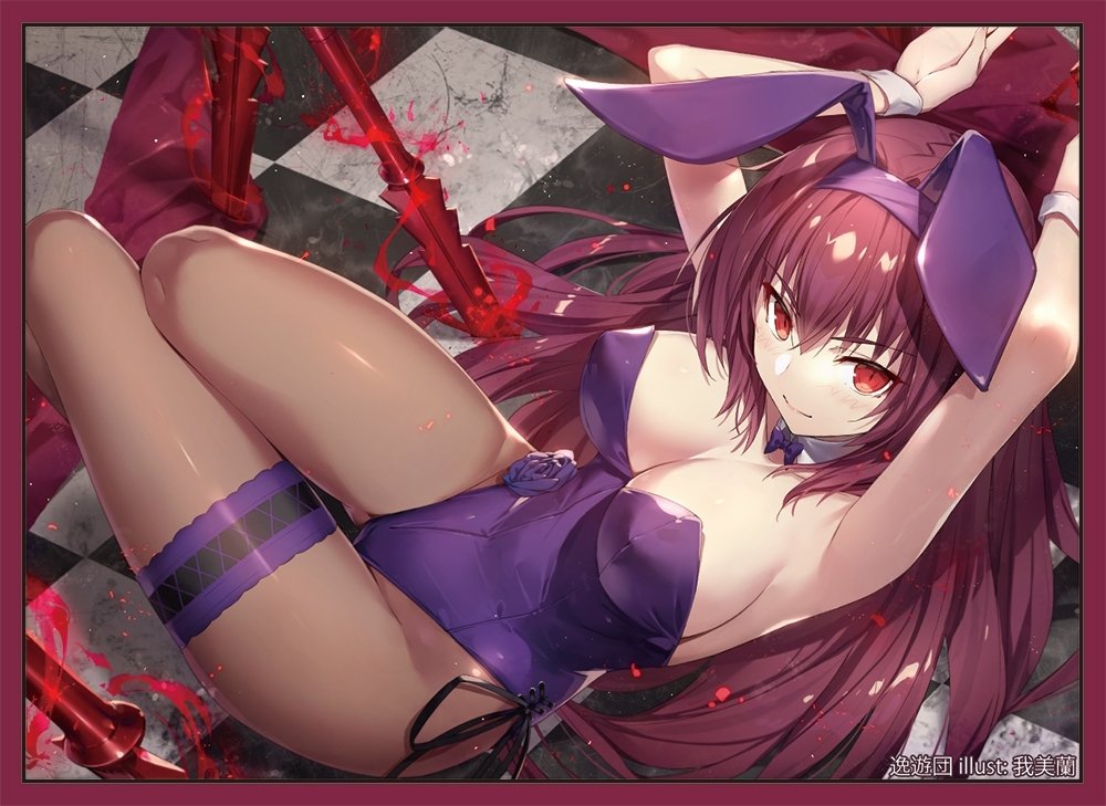 1girl animal_ears arms_up artist_name breasts checkered checkered_floor commentary_request detached_sleeves eyebrows_visible_through_hair fate/grand_order fate_(series) gabiran gae_bolg large_breasts long_hair pantyhose piercing_bunny playboy_bunny rabbit_ears red_eyes redhead scathach_(fate)_(all) scathach_(fate/grand_order) smile solo thigh_strap